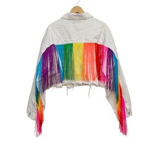 Rainbow Fringe Cropped Oversized Denim Jean Jacket